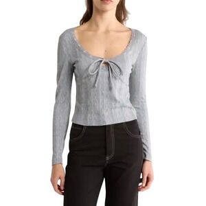 Elodie Grey Cable Knit Lace Trim Tie Front Long Sleeve‎ Top Women's XL